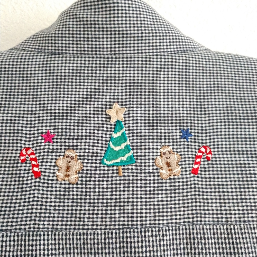 Karen Scott Embroidered Christmas Shirt Black White Gingham Check Snowman Large - Picture 7 of 8